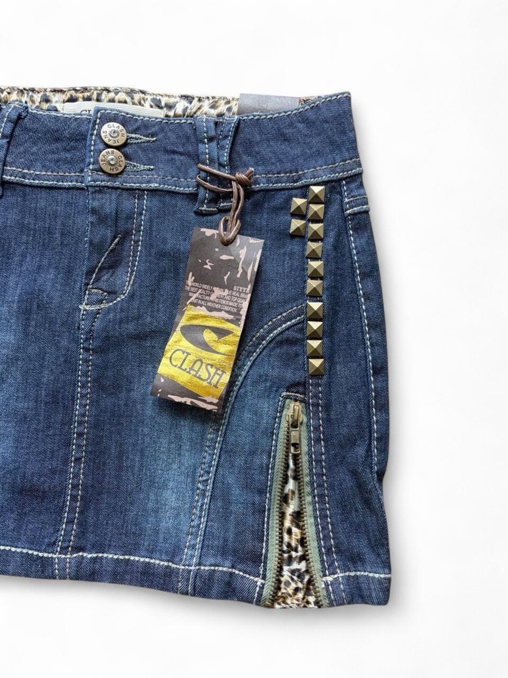 Vintage Y2K studded denim mini skirt zipper rhinestone S like diesel miss sixty - Picture 5 of 11